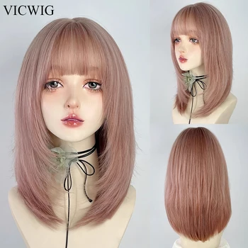 VICWIG közepes hosszúságú szintetikus egyenes rózsaszín parókák nők Lolita cosplay bolyhos hajú hőálló paróka napi bulihoz