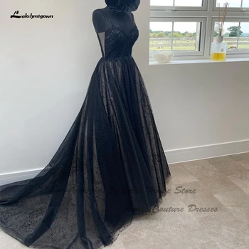 Lakshmigown Gótikus fekete ruha menyasszonyi ruhák 2023 Vestido De Noiva vintage csipke nők Boho Beach esküvői ruhák V nyak
