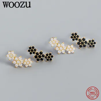 WOOZU 925 Sterling Ezüst Koreai aranyos virág Fekete fehér cirkon Stud fülbevaló nőknek Bohemian Rock Girl Youth Daily Jewelry