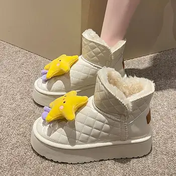 Csizma Lapos sarkú Ausztrália téli cipő nőknek Csizma-női klumpák Platform plüss kerek lábujj Snow Med 2023 Gumival párnázott szőrme