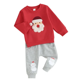 Toddler Boys Girls Karácsonyi ruhák Mikulás Fuzzy hosszú ujjú pulóverek és hosszú nadrágok 2db ruhakészlet