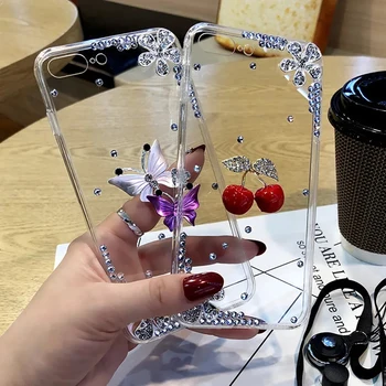 Luxus sztereoszkópikus pillangó eper csillogó gyémánt virágtok IPhone 14 13 12 11 Pro Max szilikon átlátszó tok