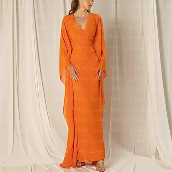2024 Elegáns sifon estélyi ruhák ujjakkal فساتين سهرة narancssárga boka hosszúságú esküvői vendég party báli ruhák
