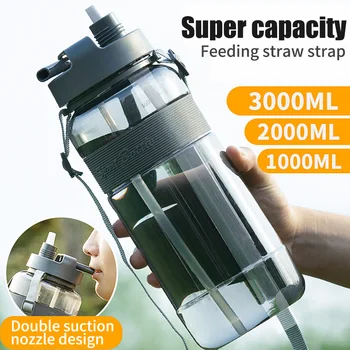 Nagy palack csésze víz szalma liter edzőterem kültéri 3 ivóhely Szíj Sport Fitness utazási hordozható Új 
