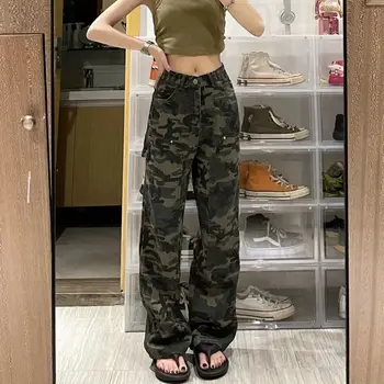 Terepszínű zöld cargo nadrág női Y2K Hippie Low Rise farmer Retro Streetwear Harajuku Army széles szárú farmer nadrág