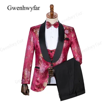 Gwenhwyfar Men Business Casual Slim öltöny szettek Divat nyomtatott Tuxedo esküvői formális ruha Blazer+mellény+nadrág 3 db