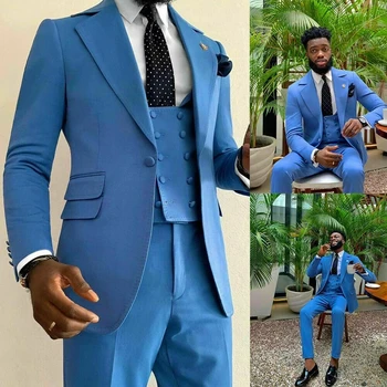 Gwenhwyf Blue Men öltönyök esküvőre Regular Fit Tuxedo kabát Vőlegény formális 3 db szett dupla mellű mellény hajtóka kialakítással