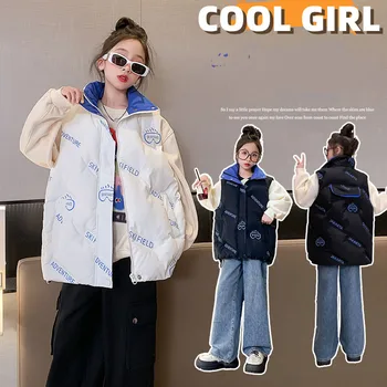 koreai őszi téli gyermek lány mellény vastagabb tinédzser lány levél plusz bársony mellény junior lány magas nyakú szegély húzózsinóros mellény