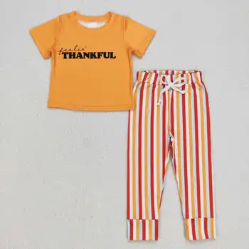 Kisfiú hálaadás levél öltöny kisgyermek pamut pizsama csíkos nadrág narancssárga öltöny nagykereskedelem baby kids öltöny
