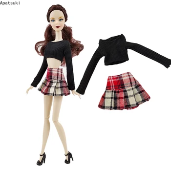 Divat ruhakészlet Barbie baba ruhákhoz Black Crop Top fonott szoknya cipő Barbie számára 1/6 baba kiegészítők Gyerekjátékok