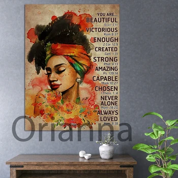 Afro nő portré poszter vászon Fekete nő poszter Afrikai nő fekete lányFalfestmény nyomtatás Biblia idézetek virágos nő fali dekoráció