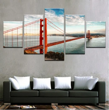Modern 5 részes Golden Gate híd tájkép vászon festés fali művészet lakberendezés kép nappalihoz Plakátok és nyomatok