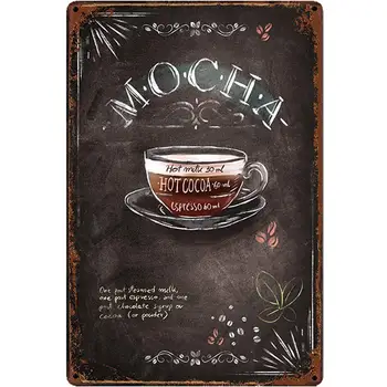 Retro design Mocha kávé ón fém táblák falfestmények | Vastag bádoglemezes poszterfali dekoráció konyha/kávésarok/kávésarok számára