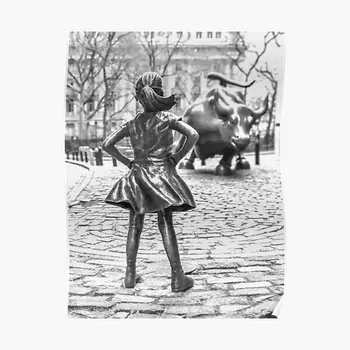 Fearless Girl And Wall Street Bull Statu poszter kép Vicces falfestmény Dekoráció Vintage Decor szoba nyomtatás falfestmény Modern keret nélkül
