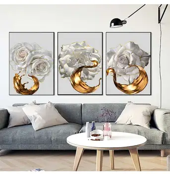 Divatos minimalista művészet Kézzel festett Könnyű Luxus Rózsavirág Arany Levél Triptichon Dekoratív festés HD festés Mag