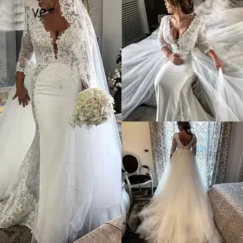 Slim V nyakrátétes csipke sellő esküvői ruha levehető vonattal Vestido De Casamento hosszú ujjú hát nélküli menyasszonyi ruha