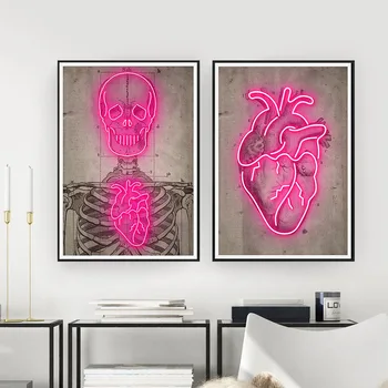 Neon szív csontváz vintage kép falfestmény vászon festés plakátok és nyomatok lakberendezés falfestmény nappalihoz Bár dekoráció
