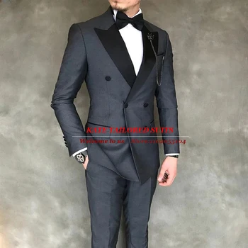Szürke kabát nadrág design Legújabb vőlegények esküvői öltönyök Slim Fit Black csúcsos hajtóka blézer Tuxedo hivatalos báli parti irodai viselet