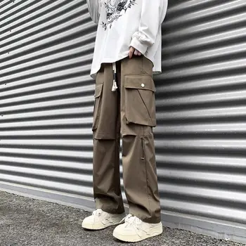 Hip Hop High Street divatos nadrág Férfi őszi kültéri tömör húzózsinóros zsebek Gomb patchwork Bő egyenes alkalmi nadrág