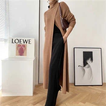 LMQ ÚJ 2020-as téli koreai nők hosszú ujjú garbó bő bő kötött hosszú pulóver felsők elegáns, magas derékú osztott pulóverek