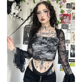 Csipke háló vintage szexi fekete fűző crop top gót esztétikus pólók Y2K virágos hosszú ujjú póló nőknek Divat Top utcai ruházat