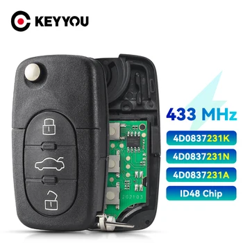 KEYYOU akkumulátorral 4D0837231A 4D0837231K 4D0837231N Távoli autókulcs Audi A3 A4 A6 A8 TT RS4 Quattro 433Mhz ID48 chip kulcshoz
