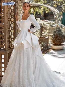 szexi hát nélküli csipke esküvői ruha elegáns hosszú ujjú menyasszonyi ruhák klasszikus A-vonalú földig érő ruhák Vestidos de Novia
