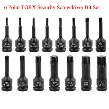 6 pontos TORX biztonsági csavarbit készlet. S2 acél ütvecsavarozó T20 T25 T27 T30 T35 T40 T45 T47 T50 T55 T60 T70 T80 T90 T100
