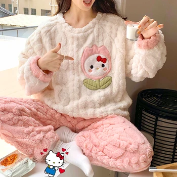 Aranyos rajzfilm Sanrios Hello Kitty háztartási ruhák Téli kényelem Vastagító korall bársony pizsama Cinnamoroll plüss hálóruha