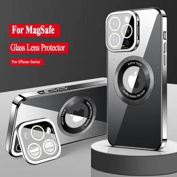  mágneses Magsafe bevonathoz átlátszó tok iPhone 14 Pro Max 14Pro 13 12 Pro Max Coque luxusüveg lencsevédő állvány fedél