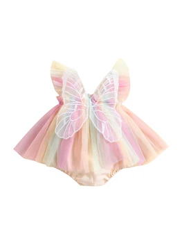 Csecsemő lány Rompers ruha hímzés pillangó szárny légyujj szivárványszínű tüll szoknya jumpsuit ruhák baba nyári ruházat