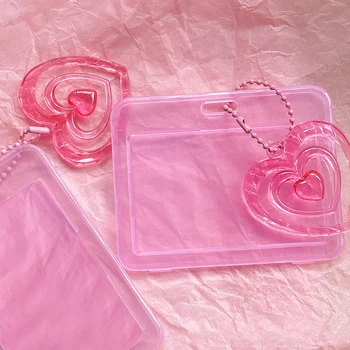 Átlátszó rózsaszín kártyaborító Love medál Sweet Kpop Photo Card Holder Ins Fashion Card Sleeve műanyag kártya védőtok