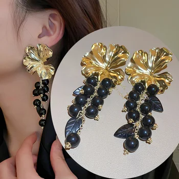 Vintage temperamentum Fekete gyöngyök Bojt virág fülbevaló nőknek Koreai divat fülbevaló Party ékszer kiegészítők Ajándékok