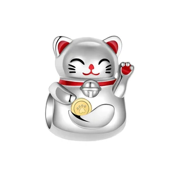 925 Sterling Silver Boutique Red Lucky Cat Bell Charms Charms Fit Original Pandora karkötő Charm gyöngyök Nyaklánc DIY női ékszerek
