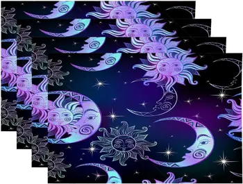 Nap Hold Tányéralátétek Csillagok Éjszakai égbolt Varázslatos űr Tányéralátétek étkezőasztalhoz Ágynemű Hőszigetelő asztali szőnyegek 12x18 4 DB-ban