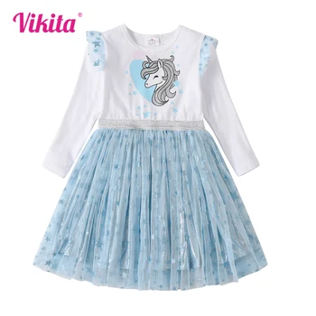 VIKITA Girls Blue Dress Kids Flare Sleeve Autumn Spring Unicorn Print Dress Girl Star Sequins Elegant Princess Patchwork ruhák