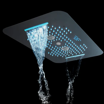 Luxus arany szálcsiszolt esőzuhanyfejek 4 funkció Beágyazott mennyezeti esőzuhanyfej LED zene zuhanypanel téglalap