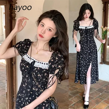 Retro Girl ruha csipke varrás osztott internet híresség fekete ruha virágos buborékujj középhosszú derékruha