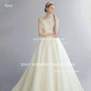 XPAY Luxus pánt nélküli Korea báli ruha Szatén Organza redők A Line esküvői ruhák fotózás Fotózás Elegáns egyedi menyasszonyi ruha