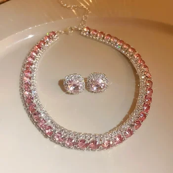Luxus kristály nyaklánc fülbevaló szett rózsaszín ABszínes nyaklánc nőknek Esküvők Party ékszer szettek Kiegészítők