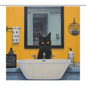 Vicces fekete macska fürdőfüggönyök szövet vízálló fürdőszobai dekoráció 12db horgokkal Aranyos kád Art zuhanyfüggöny gyerekeknek