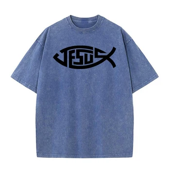 Jézus Kis hal design grafika Nyomtatott pólók Férfi nyári pólók Divat pamut férfi Luxus ruhák Túlméretezett felsők Uniszex
