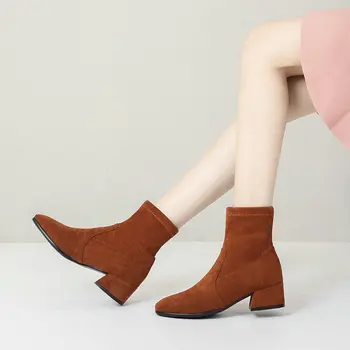 QPLYXCO Téli őszi nyáj sima barna bézs Vaskos sarkú cipő divat női cipő tervező márka boka stretch Chelsea csizma