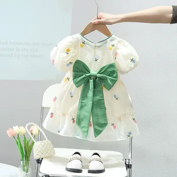 Csecsemő lányok nyári ruha virágok hímzés nagy masni bébi gyerekek hercegnő születésnapi ruhák gyermekek vestidos ruhák 2023 Új