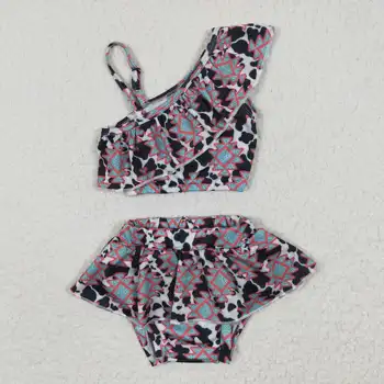 Hot Selling RTS NO MOQ Cow Print Girls Bikini Beach úszó szettek Kids 2DB nyári fürdőruhák