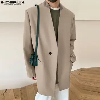 INCERUN 2023 férfi blézer patchwork V nyak hosszú ujjú őszi férfi alkalmi öltöny utcai ruházat koreai egygombos divat vékony kabátok