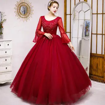 Újbor vörös quinceanera ruhák csipke virágos tüll golyós ruhák trombita ujjakkal klasszikus gombóc nyak hosszú Sukienka Balowa