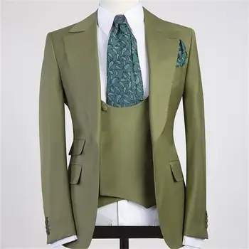 Green Blazer férfi öltönyök Egymellű csúcsos hajtóka divat esküvői vőlegény jelmez háromrészes kabát nadrág mellény Slim Fit Terno