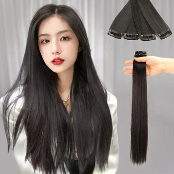 Nők láthatatlan varrat nélküli hosszú egyenes paróka természetes hamis egy darabból álló haj növelése Hajhosszabbítás 30cm