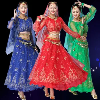 Bollywood Ruha Jelmez Női indiai tánc szett Hastánc Szári Ruházat Hastánc előadás ruhák Sifontánc szett Új